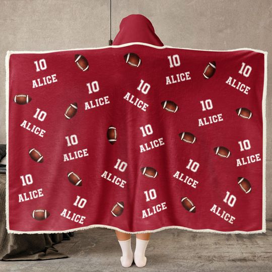 Personalized Football Wearable Hooded Blanket, Custom Name And Number, Christmas Gift Birthday Gift For Football Player Team Football Mom