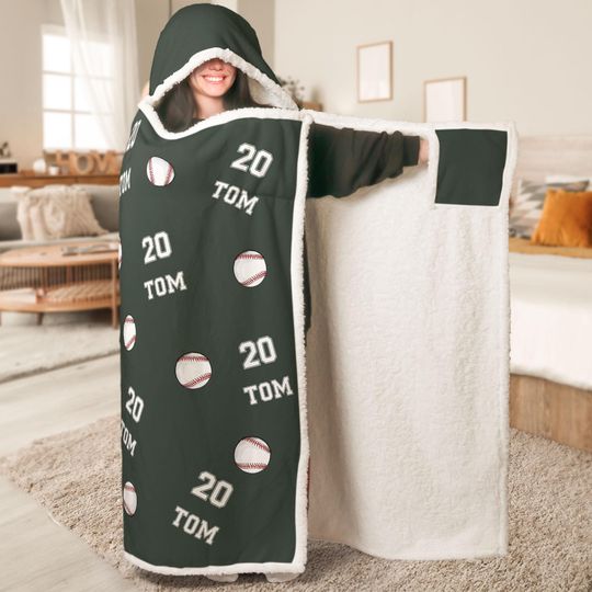 Baseball Personalized Wearable Hooded Blanket, Custom Name and Number, Gift For Kids Boys, Baseball Player Baseball Team Baseball Mom Gift
