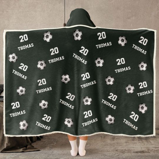 Personalized Soccer Wearable Hooded Blanket, Custom Name And Number, Christmas Gift Birthday Gift For Soccer Player Team Soccer Mom