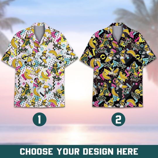 Discover Retro Banana Skater Hawaiian Shirt for Men Women Youth, 80s Pop Art Cartoon Print Summer Shirt, Funny Fruit Skateboard Button Up Shirt