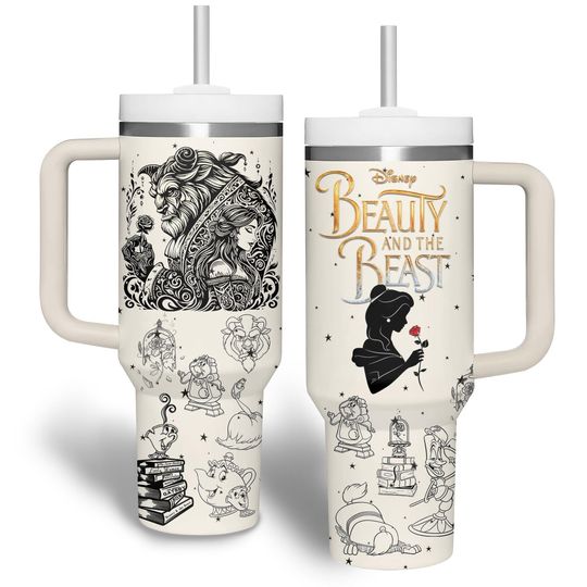 Beauty And The Beast Tumbler 40oz, Belle And Beast Insulated Tumbler Cup, Disney Princess Drinkware Tumbler, Fairytale Coffee Tumbler