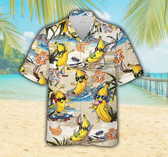 Cool Sunglasses Banana Hawaiian Shirt For Men Women, Surfing & Skateboard Bananas Button Up Shirt, Tropical Summer Beach Party Aloha Shirt