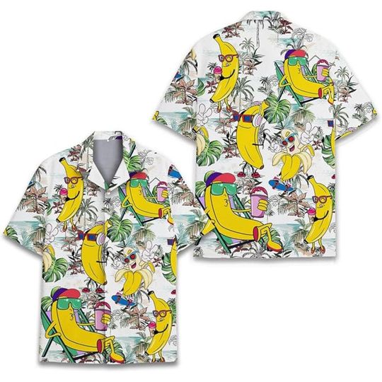 Funny Banana Hawaiian Shirt for Men, Retro Cartoon Fruit Aloha Shirt, Tropical Beach Vacation Shirt, Summer Luau Party Shirt, Gift for Him