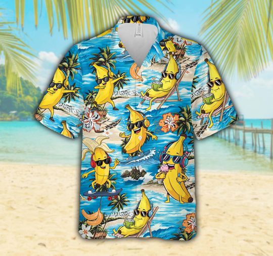 Discover Cool Sunglasses Banana Hawaiian Shirt For Men Women, Surfing & Skateboard Bananas Button Up Shirt, Tropical Summer Beach Party Aloha Shirt