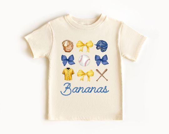 Discover Bananas Bow Youth Shirt, Baseball Shirt, Coquette Baseball, Baseball Season, Banana Mascot, Let's Go Bananas, Kids Shirt, Baseball Bow