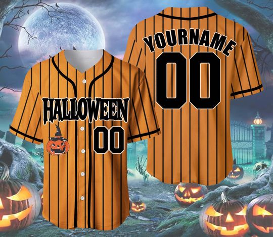 Discover Personalized Halloween Pumpkin Horror Baseball Jersey, Custom Scary Cosplay Tee