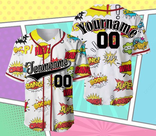 Discover Comic Book Baseball Jersey with Team Name Number for Adult Kid