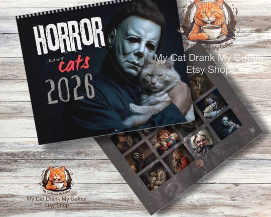Discover Horror & Cats 2026 Wall Calendar - Ideal for Horror Film Fans, Scary Movie Enthusiasts. Great Spooky Halloween Gift
