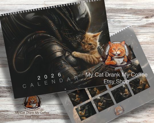 Discover Xenomorph Alien x Jonesy Cat 2026 Wall Calendar - Cute Horror Art for Aliens Fans, Perfect Gift for Sci-Fi & Cat Lovers