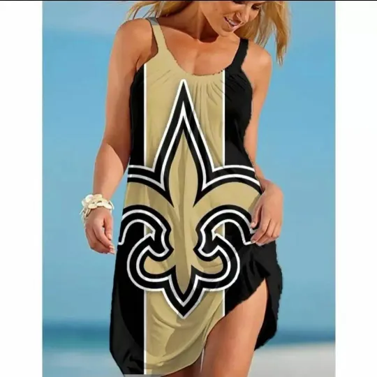 Discover New Orleans Saints Women's Gold and Black Fleur De Lis Casual Midi Sun Dress