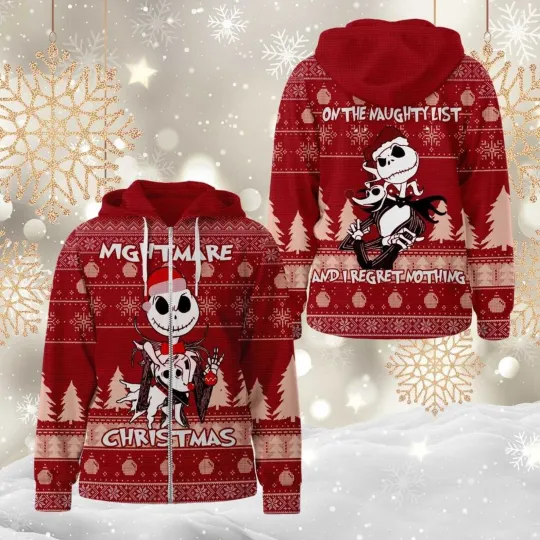 Jack Skellington Christmas Naughty List & I Regret Nothing 3D Zip Hoodie