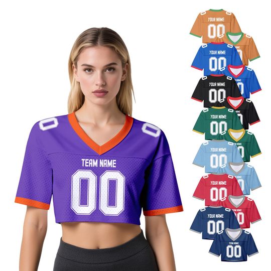 Discover Custom Crop Football Jersey for Women & Girls, Personalized Name Number Team Football Crop Top for Cheerleaders Concert Game Outfit
