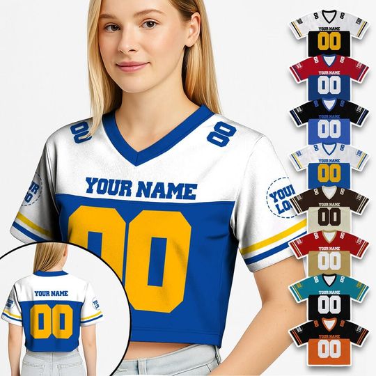 Personalized Womens Croptop Football Jersey, Custom Name & Number, Croptop Football Tee, Multi Logo Game Day Jersey