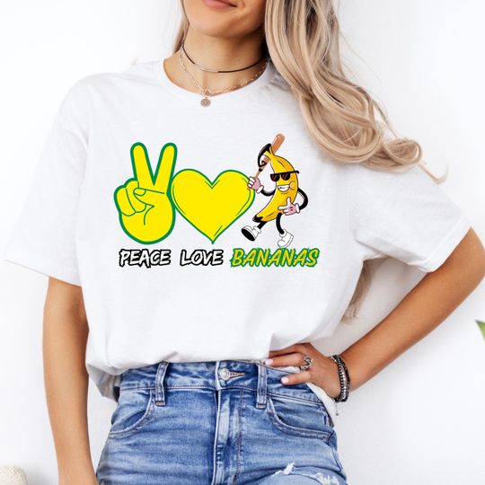 Discover Peace Love Bananas Tshirt, Unisex Baseball Shirt, Vintage Soft Tee, Let's Go Bananas Shirt, Banana Fan Gift, Baseball Game Day Shirt