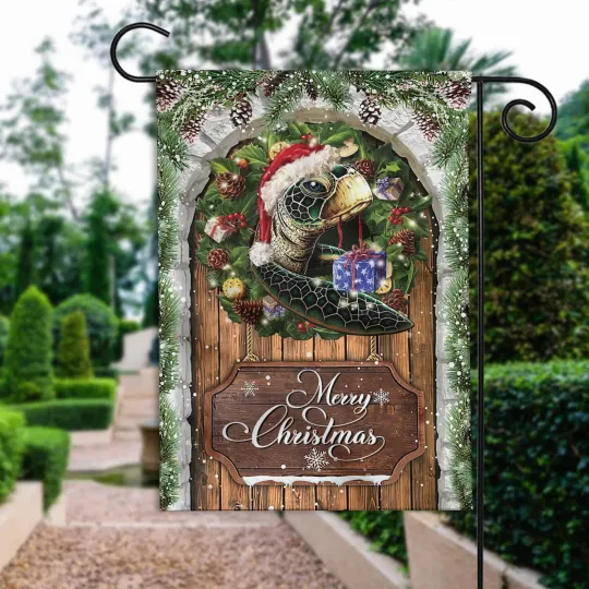 Turtle Merry Christmas Flag, Love Turtle Christmas Wreath Turtle Xmas Flag