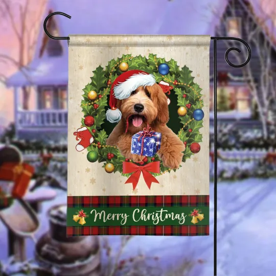 Discover Labradoodle Dog Merry Christmas Flag, Labradoodle Dog Christmas Wreath Xmas Flag