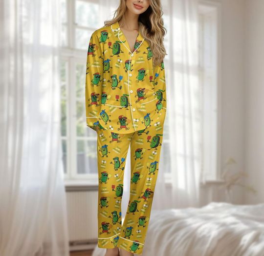 Funny Pickle Soccer Satin Pajama Set, Cute Yellow Sport Sleepwear, Kawaii Lounge Set, Quirky Women Matching Pjs, Gift For Her