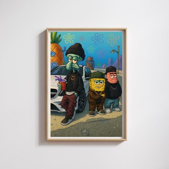 Streetwear SpongeBob Poster Wall Art with Squidward and Patrick, Bikini Bottom Urban Cartoon