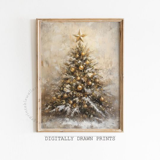 Vintage Golden Christmas Tree Vertical Poster, Rustic Holiday Wall Art