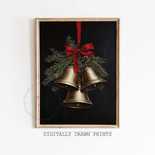Vintage Christmas Painting with Bells, Neutral Winter Decor Print