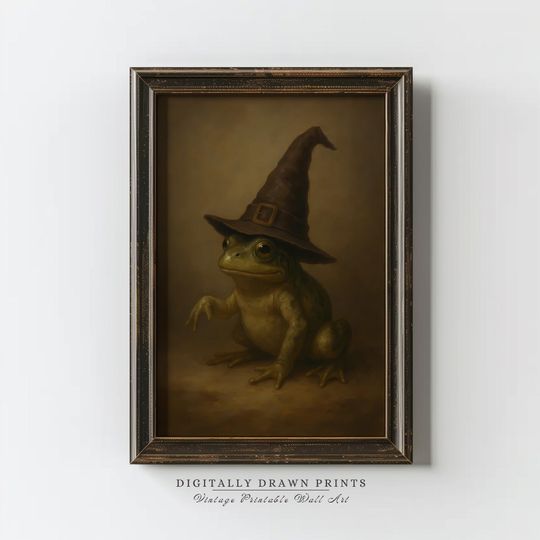 Vintage Halloween Frog Printable, Toad with Witch Hat Wall Art