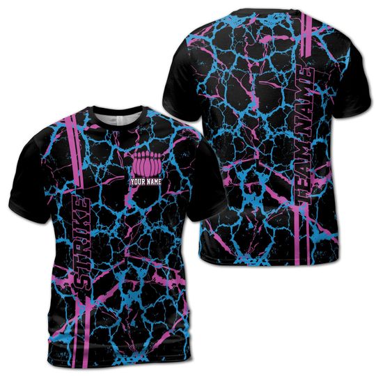 Discover Customized Bowling Team Purple Blue Bowling Pin Strike 3D T-Shirt S-5XL