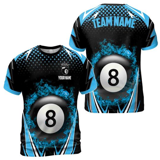 Personalized Blue Billiard Team 8 Balls On Fire Men's T-shirt