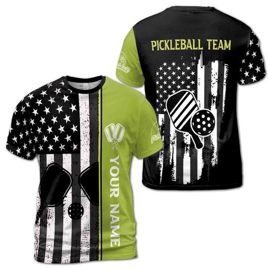 Discover Customized Name Pickleball Vintage America Flag Patriotic 3D T-Shirt