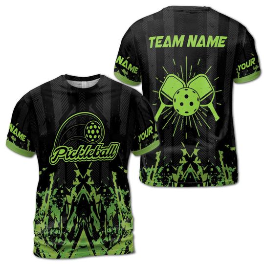 Personalized Name Green Spatter Pickleball Team 3D T-Shirt
