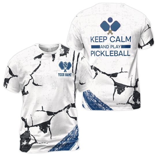 Custom Name Keep Calm And Play Pickleball Blue Men's T-Shirt