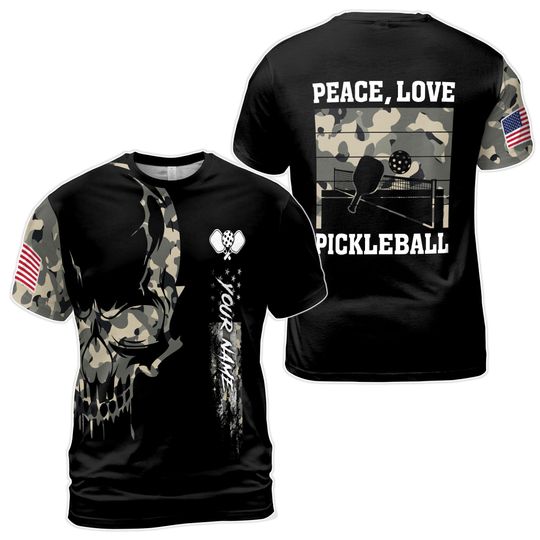 Discover Custom Name Pickleball Amercan Flag Skull Camo Peace Love Men's T-shirt