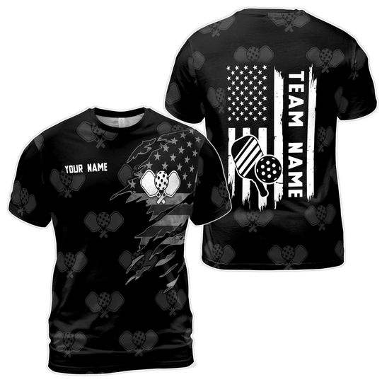 Discover Customized Pickleball Paddle American Flag Team Black Ball Men's T-shirt