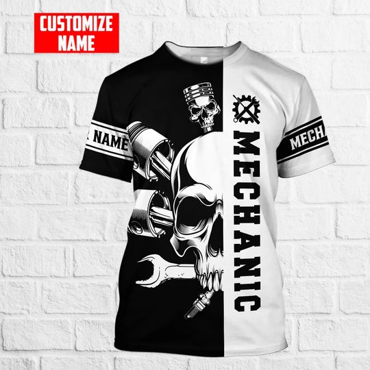 Discover Personalized All Over Print Mechanic Shirt  / Mechanic Shirt / Mechanic Gift / Mechanic 3D Shirt / Personalized Mechanic Skull 3D Shirt