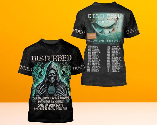Discover Vintage Disturbed 2025 Tour Date 3D T-Shirt, Band Music T-shirt 3D, Music Tour 2025 Tshirt 3D, Music Tour T-shirt 3D.