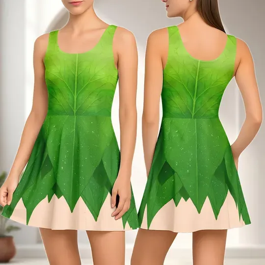 Princess Tinker Bell Skater Dress, Disney Green Fairy Princess Cosplay Women Dress