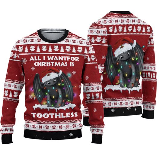 Christmas Toothless Ugly Sweater, How To Train Dragon Sweater, Disney Movie Family Sweater, All I Want For Christmas Toothless Shirt