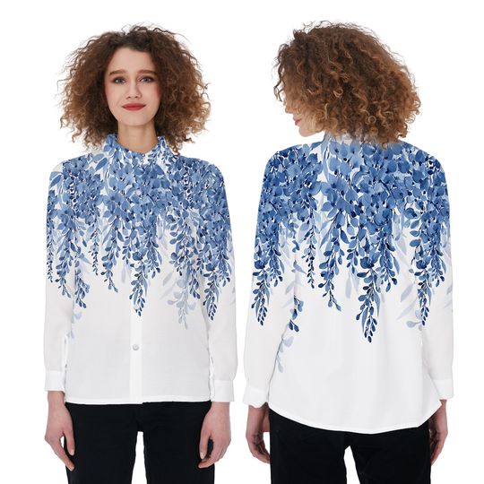 New Spring And Summer Casual Long Sleeve Women Shirt, Gradient Flower Print Women Blouses Shirt, Flower Botanical Style Women Casual