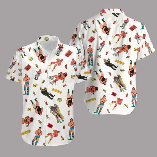 Hulk Hogan Macho Man Wrestling Logos Hawaiian Shirt Casual Button-Up