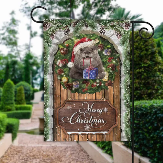 Otter Merry Christmas Flag, Love Otter Christmas Wreath Otter Xmas Flag