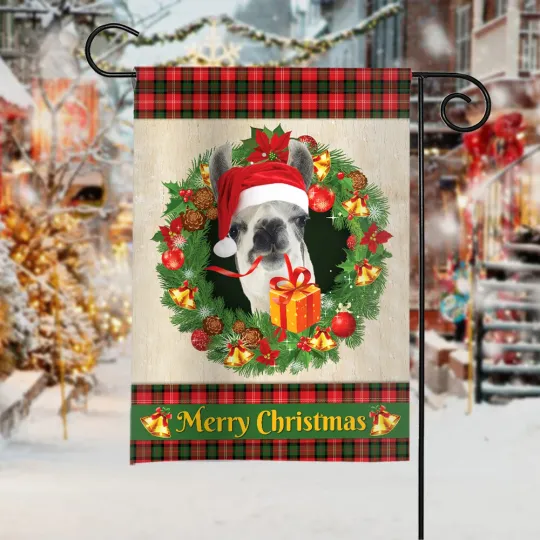 Llama  Merry Christmas Flag, Love Llama Christmas Wreath Llama Xmas Flag