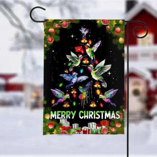 Hummingbird Merry Christmas Flag, Hummingbird Christmas Tree Lights Flag Gift