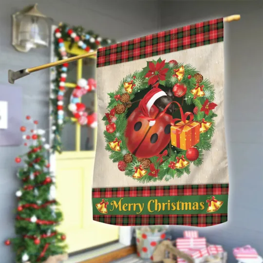 Ladybug Merry Christmas Flag, Love Ladybug Christmas Wreath Ladybug Xmas Flag