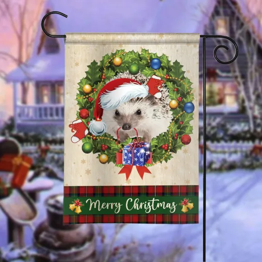 Discover Hedgehog Merry Christmas Flag Hedgehog Christmas Wreath Flag Hedgehog Xmas Flag
