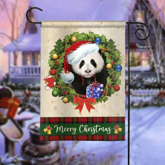 Panda Merry Christmas Flag, Panda Christmas Wreath Flag, Panda Xmas Flag