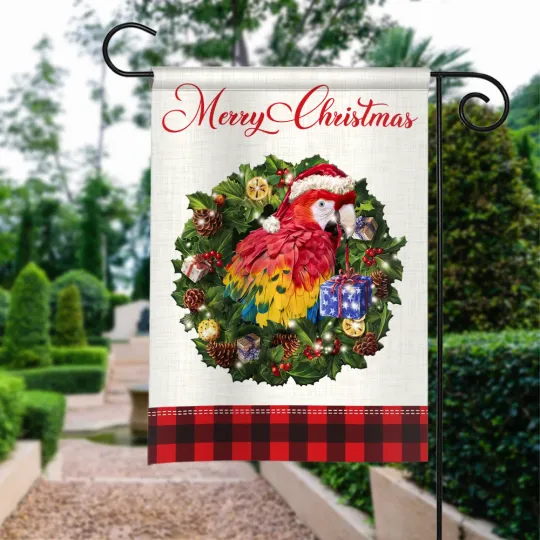 Parrot Merry Christmas Flag, Parrot Christmas Wreath Flag, Parrot Xmas Flag