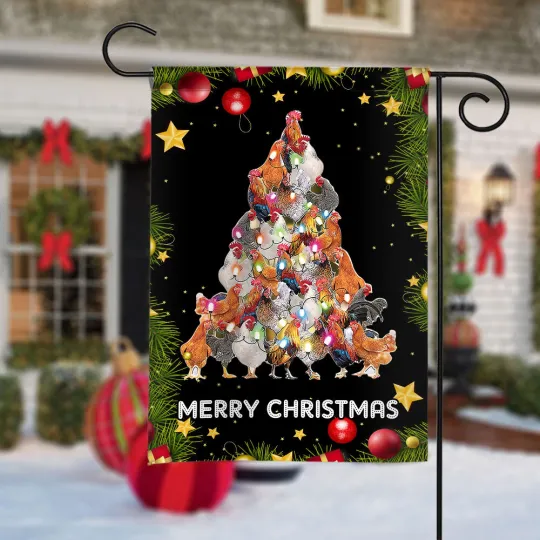Chicken Merry Christmas Flag, Farmhouse Chicken Christmas Tree Lights Flag Gift