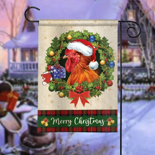 Chicken Merry Christmas Flag, Chicken Christmas Wreath Flag, Chicken Xmas Flag