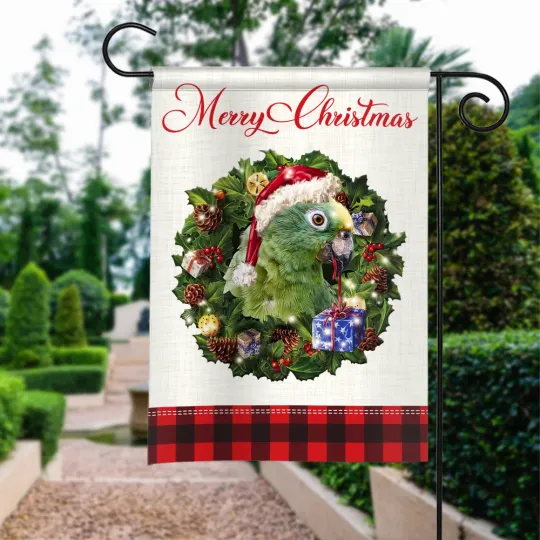 Parrot Merry Christmas Flag, Parrot Christmas Wreath Flag, Parrot Xmas Flag
