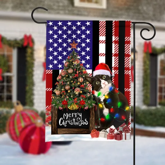 Discover Tuxedo Cat Merry Christmas Flag, Tuxedo Cat Christmas Tree Lights Flag
