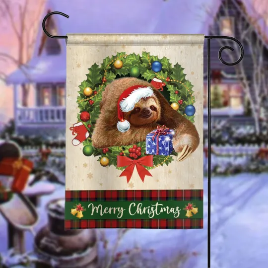 Sloth Merry Christmas Flag, Sloth Christmas Wreath Flag, Sloth Xmas Flag